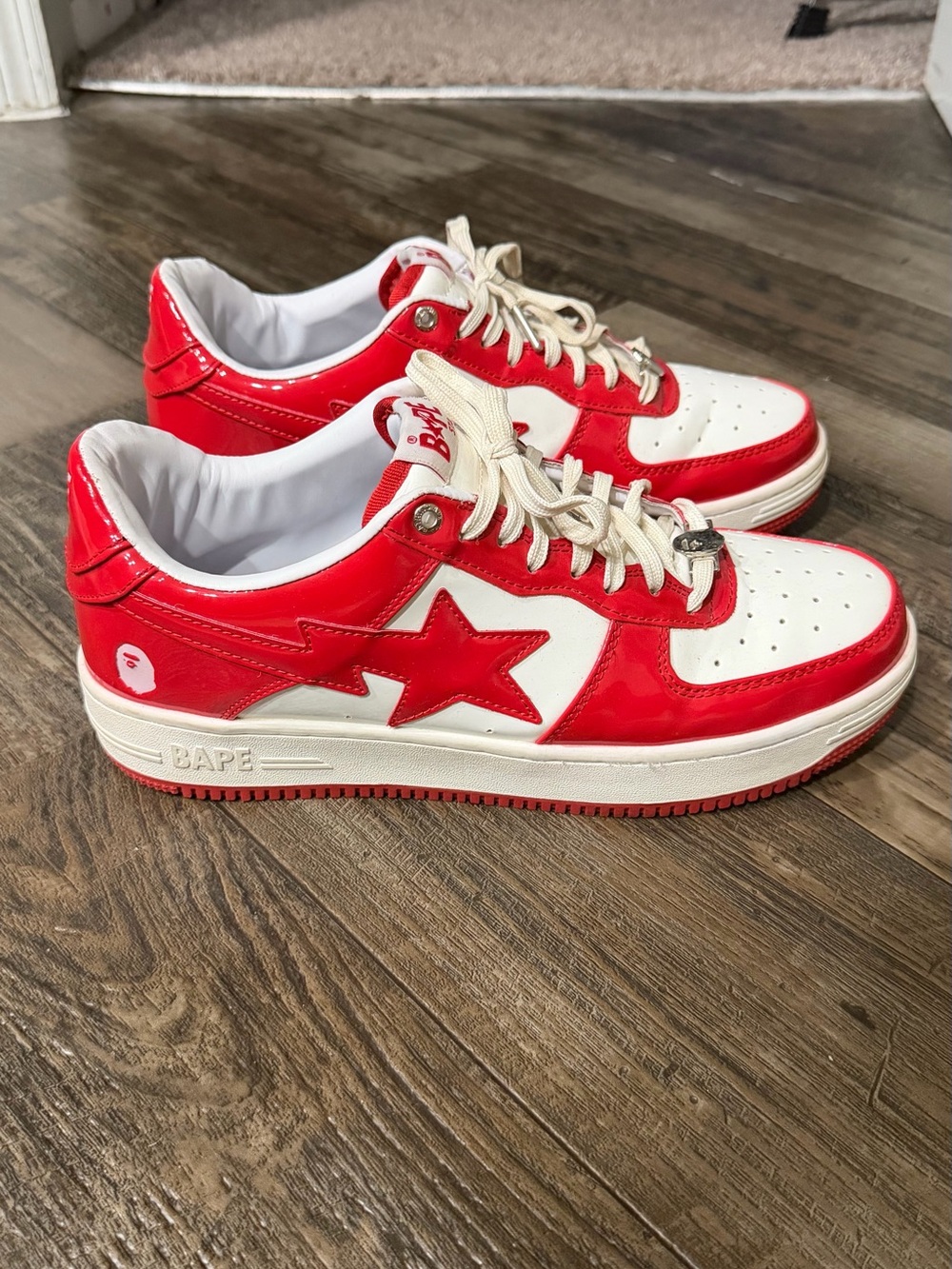Bapestas red and white patent leather